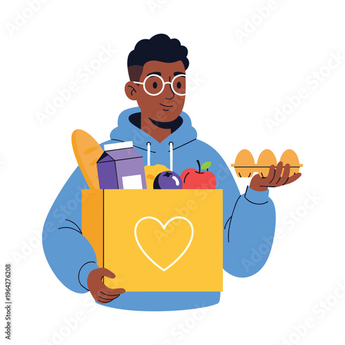 Man Holding Donation Box With Food and Eggs for Charity