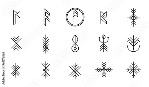 Black Viking Runes and Magic Symbols Vector Set Linear Abstract Isolated Illustration
