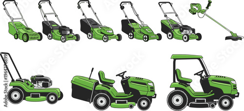 Lawn, mower, set, garden, equipment, grass, cutter, trimmer, tractor, machine, landscaping, tools, green, maintenance, yard, power, collection, vector, illustration, design