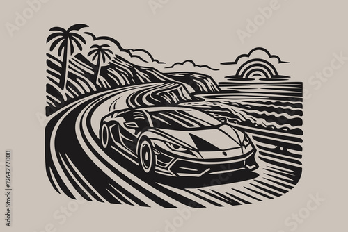 Coastal Supercar Linocut Illustration