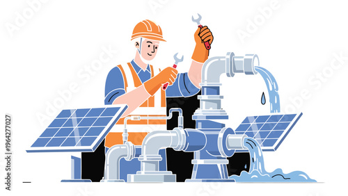 Solar Technician at Work: A skilled technician, equipped with a wrench, meticulously repairs and maintains a solar water pump system, symbolizing innovation and sustainable solutions.