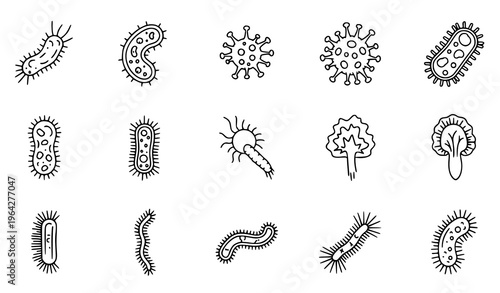 Microorganisms Vector Icon Set Linear Outline Editable Stroke Isolated Scientific Stock Illustration
