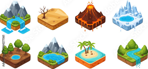 Isometric, fantasy, terrain, set, landscapes, mountain, desert, volcano, glacier, forest, island, lake, river, cartoon, game, assets, colorful, nature, environment, icons