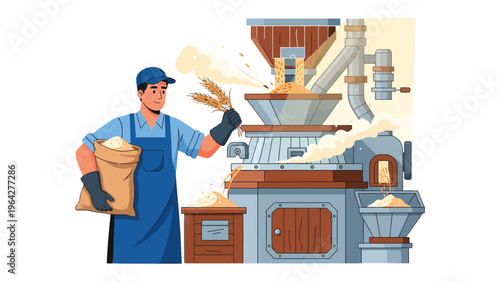 Crafting Flour: A diligent artisan feeds wheat into a state-of-the-art milling machine, transforming the grains into fine flour for various culinary applications.