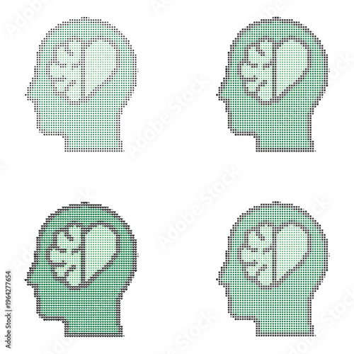 Mental health icons set with brain and heart symbols, emotional intelligence concept vector, human head profile with psychology metaphors