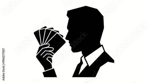 Man in suit holding a fan of playing cards in his hand, isolated on white background