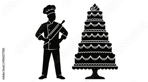 Baker With Rolling Pin Standing Next To A Multi-Tiered Cake Illustration