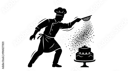 Skilled chef meticulously dusting a gourmet tiered cake, showcasing culinary artistry and sweet dessert perfection