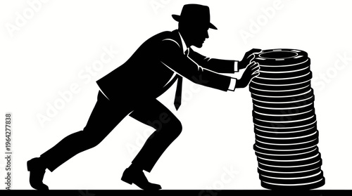 Determined business professional pushing a substantial stack of coins, symbolizing diligent effort and the pursuit of financial prosperity