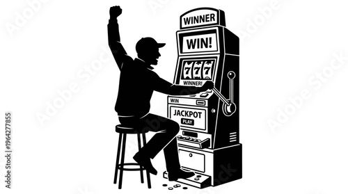 Silhouette of a jubilant man winning the jackpot on a slot machine, a moment of triumph and exhilaration