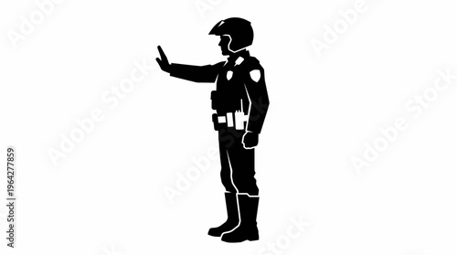 Silhouette illustration of a law enforcement officer issuing a clear stop command with an outstretched hand, representing control and safety