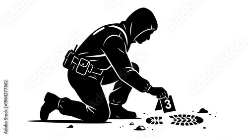 Concept of meticulous forensic expert examining crucial evidence at a crime scene illustration