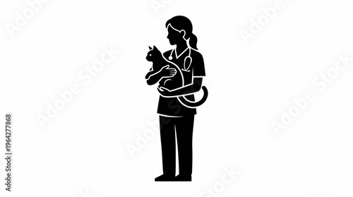 Silhouette of a veterinarian holding a cat, symbolizing animal care and medical attention