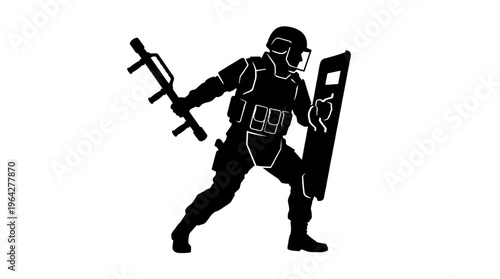 Illustration of a riot police officer with shield and baton