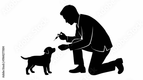 Man Training a Puppy with a Treat, Illustrating Pet Care and Animal Obedience
