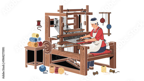 Artisan at Work: An artisan meticulously operates a traditional loom, weaving intricate textiles with focused precision. A testament to craftmanship and timeless skill.