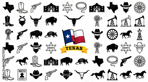 Comprehensive collection of Texas and Wild West themed silhouette icons, featuring the state flag, cowboy elements, and cultural symbols