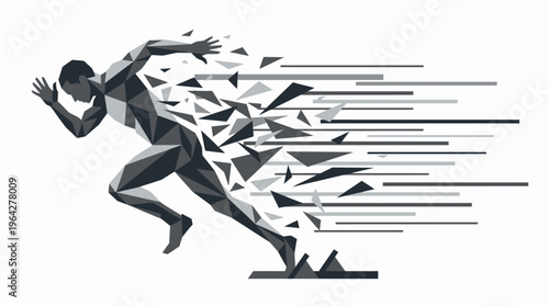 Abstract geometric runner exploding with speed, symbolizing dynamic progress and human potential