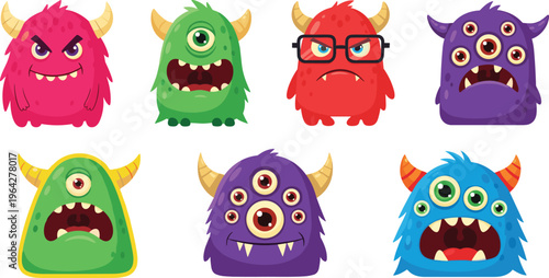 Funny Cartoon Monster Character Set with Multiple Eyes, Horns, and Expressions for Kids, Stickers, Halloween, Nursery, and Fantasy Illustrations