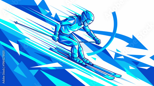 Dynamic illustration of a skier in motion on a snowy slope with abstract blue elements