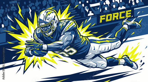 Football player diving to make a touchdown with a burst of energy