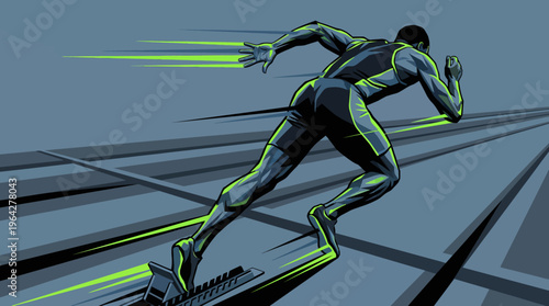 Athlete in motion on a race track, starting sprint with explosive energy and speed