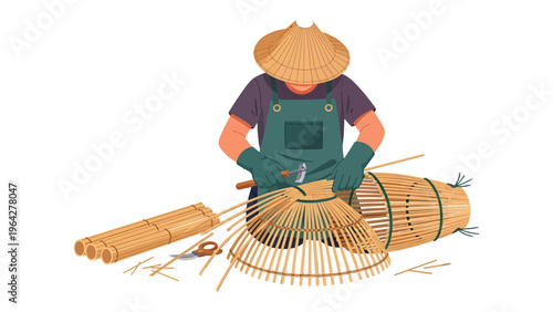 Crafting Tradition: A craftsman meticulously weaving bamboo and creating a traditional fish trap, demonstrating an art form passed through generations.