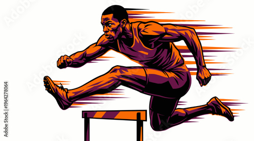 Dynamic male athlete clearing a hurdle with intense speed, showcasing agility and determination in a high-energy race illustration