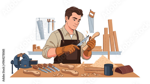 Craftsman at Work: A skilled craftsman, engrossed in his trade, meticulously carves wood in his workshop, turning raw materials into elegant forms.