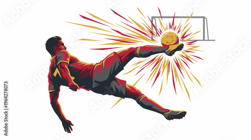 Spectacular bicycle kick by a soccer player, sending the ball with explosive energy towards the net