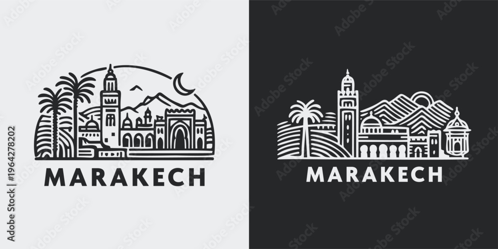 Fototapeta premium Marrakech Morocco Skyline Line Art Illustration