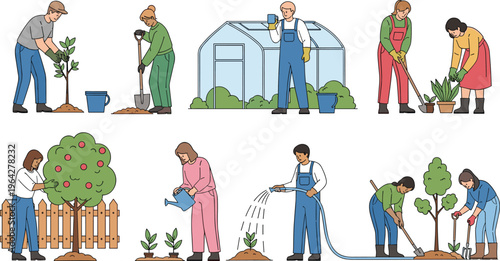 Gardening and Planting Activities Vector Set with Farmers, Trees, Greenhouses, and Agricultural Tools for Websites, Apps, and Digital Media Designs