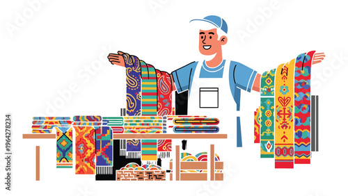 Artisan displaying textiles in the market: A cheerful artisan proudly presents a vibrant array of intricate textiles at a bustling marketplace stall.