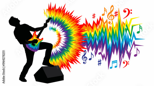 Dynamic Guitarist Unleashing Explosive Spectrum of Sound with Vibrant Rainbow Waves and Musical Notes
