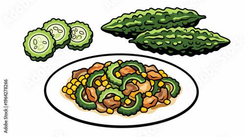 Appetizing illustration of a bitter melon and meat stir-fry, accompanied by whole and sliced gourds