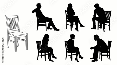 Collection of diverse silhouettes showcasing people in various sitting postures on chairs for graphic design