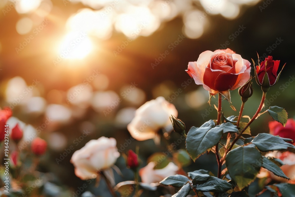 Obraz premium Rose garden sunset rose flower bloom petal bud red pink green garden nature plant stem leaf blossom floral outdoor evening sunlight warm soft blurred bokeh serene romantic fresh elegant delicate