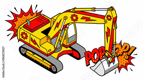 Dynamic Yellow Excavator with Pop Art Effects for Construction and Industry