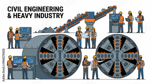 Heavy Industry and Civil Engineering Concept Art with Construction Workers and Machinery