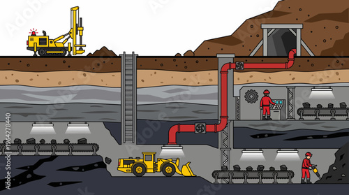 Underground mine operations with drilling and material transport systems