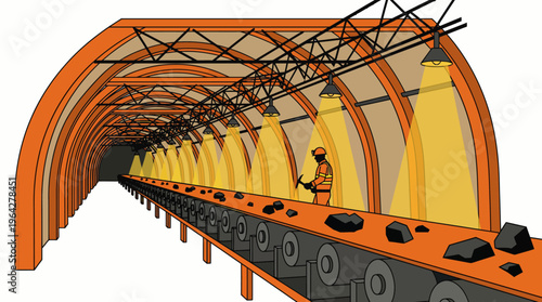 Underground mining tunnel with conveyor belt and worker illustration