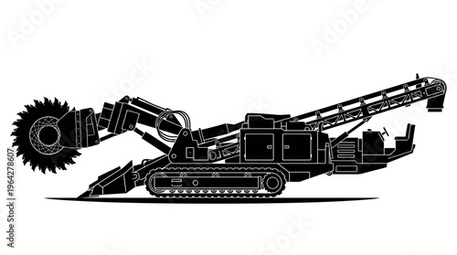 Heavy industrial trencher machine with rotating digging wheel and conveyor belt