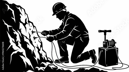 Mining Explosives Expert Setting Charges in a Rock Face with Detonator