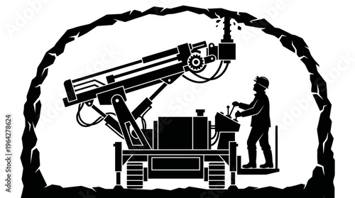 Industrial miner operating heavy drilling machine within an underground tunnel for resource extraction