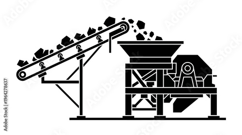 Industrial rock crushing plant with conveyor belt system, processing raw materials for construction and mining