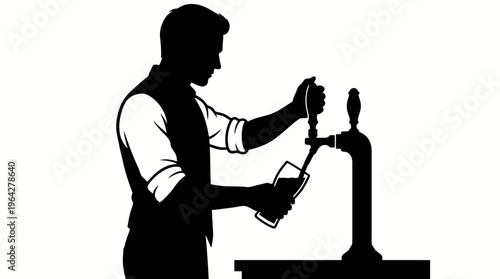 Silhouette illustration of a bartender serving a refreshing draft beer from a tap, capturing the art of brewing and bar service