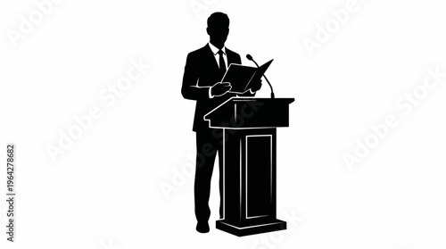 Elegant Black Silhouette of a Male Speaker Presenting at a Podium during a Professional Conference or Event