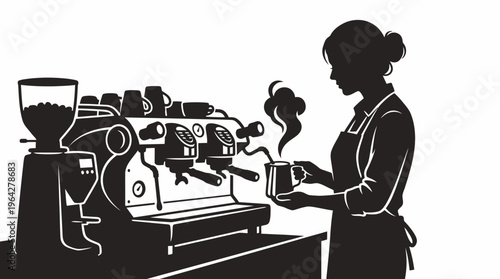 Silhouette illustration of a female barista expertly preparing a fresh cup of steaming coffee at an espresso machine in a cafe