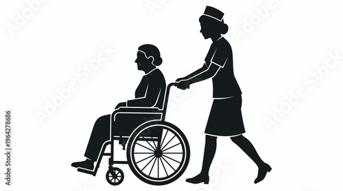 Professional caregiver assisting an elderly patient in a wheelchair, symbolizing dedicated healthcare support and mobility assistance