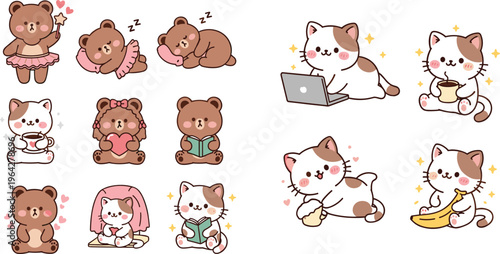 Kawaii bear and cat character collection featuring cute animals reading sleeping working on laptop and drinking coffee for digital planner stickers and nursery decorations.